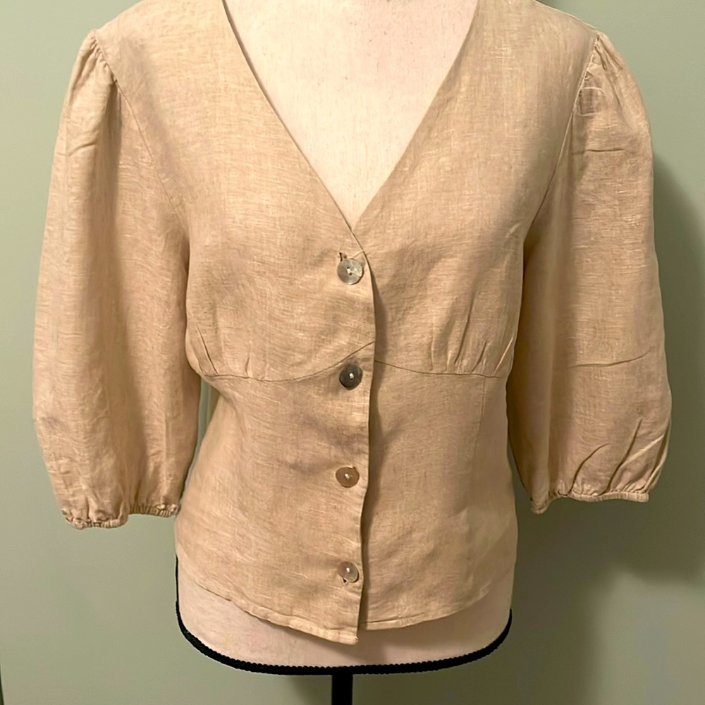 Azucar NWOT 3/4 Sleeve Button Down Linen Blouse Sz M